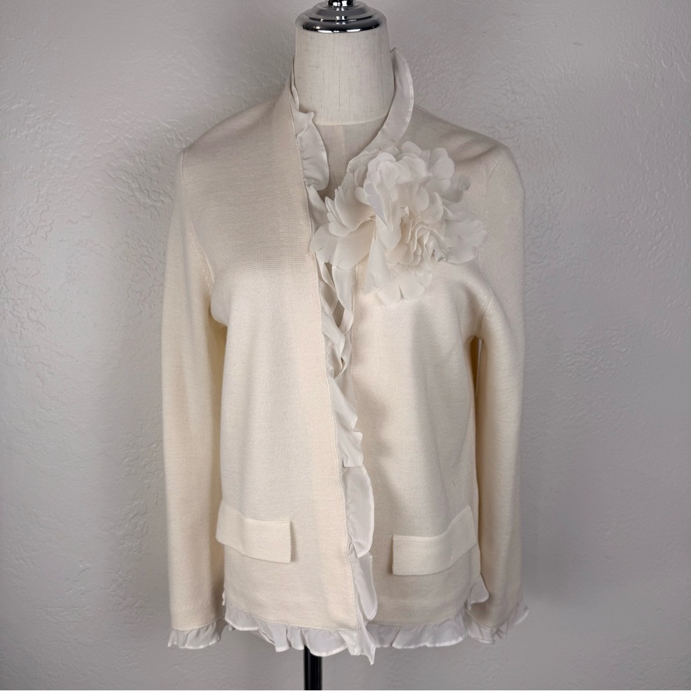 NWT Emanuel Ungaro Ryann Ivory Knit Ruffle Cardigan Silk‎ Floral Appliqué  M